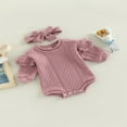 thumbnail image 3 of Barboteuse pour Bébés Filles et Garçons, Couleur Unie, Col Tricoté, Manches Longues Volantées, Combinaisons avec Bandeau, 3 of 8