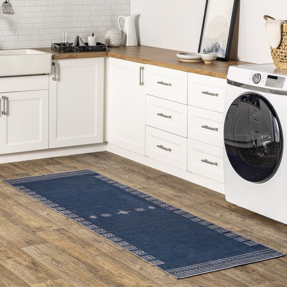 nuLOOM Arina SpinClean Machine Washable Global Inspired Simplistic Tribal Area Rug, 2' 6" x 8', Runner, Arina Navy