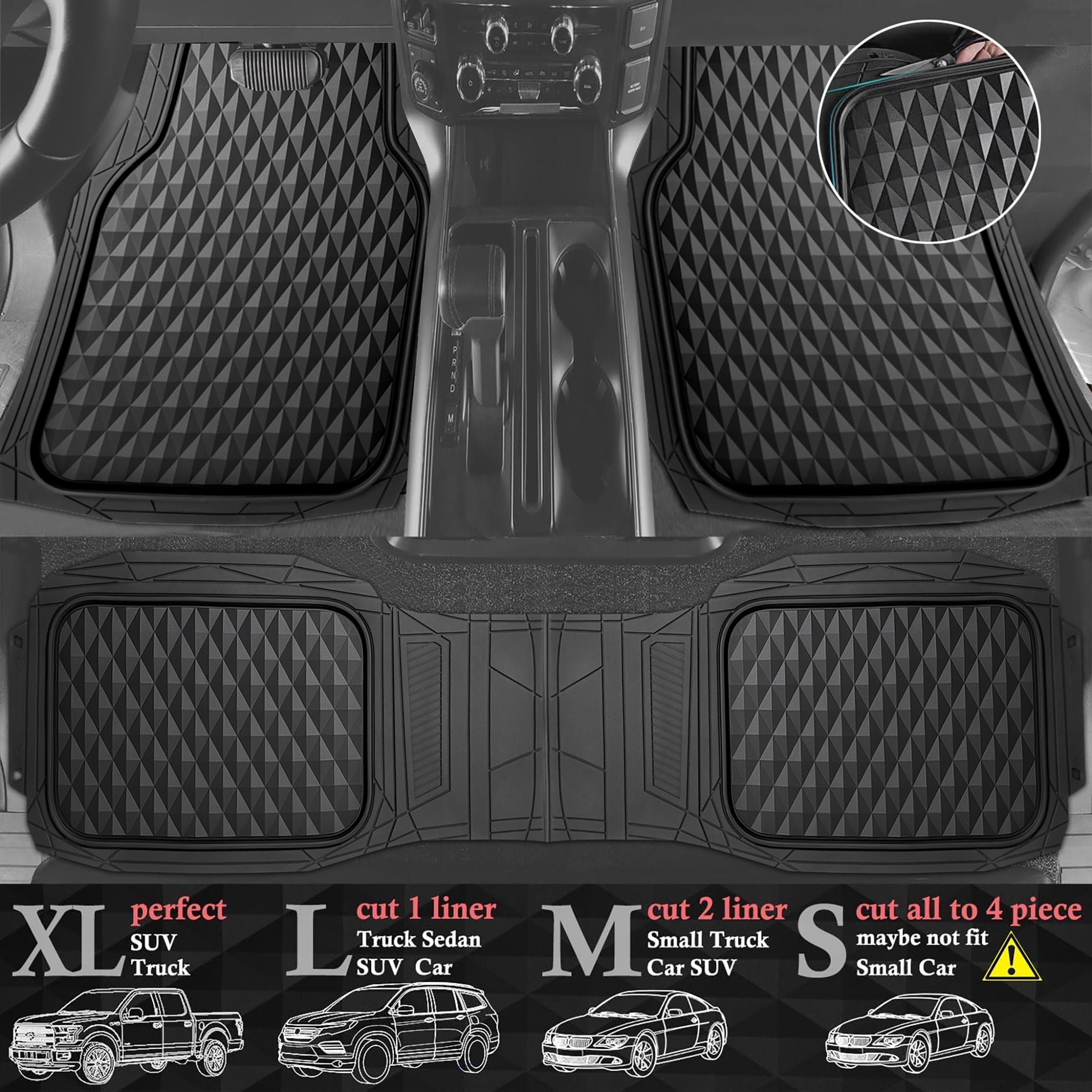 Ozark Trail 3-Piece Black Deep Dish Rubber Car Floor Mats, Anti-Slip 3D Rhombus Waterproof, All Weather Universal Trim-to Fit for Car, SUV and Truck Mats