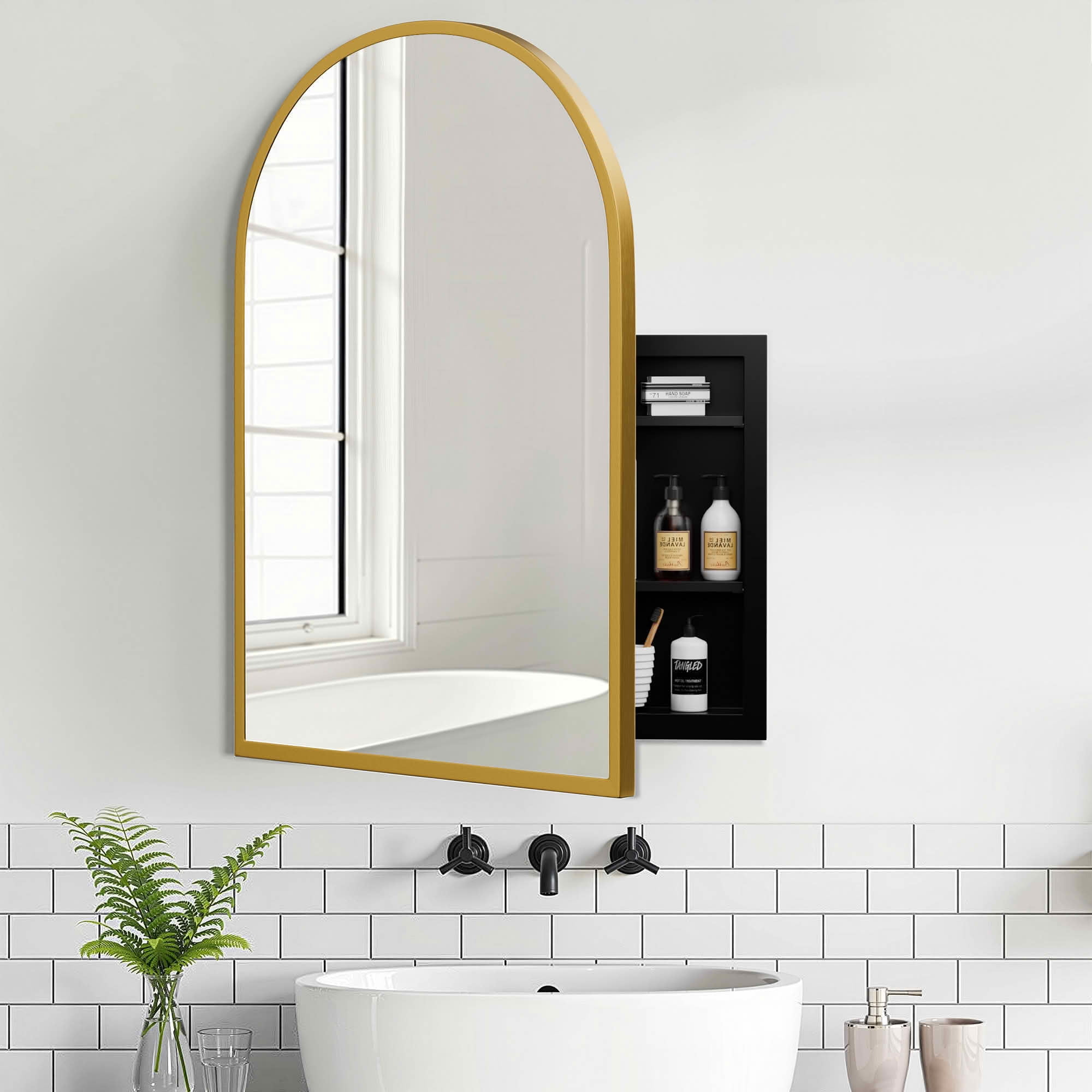 MAYEERTY 39x30x5 Inch Gold Metal Round Corner Arched Medicine Cabinet for Bathroom