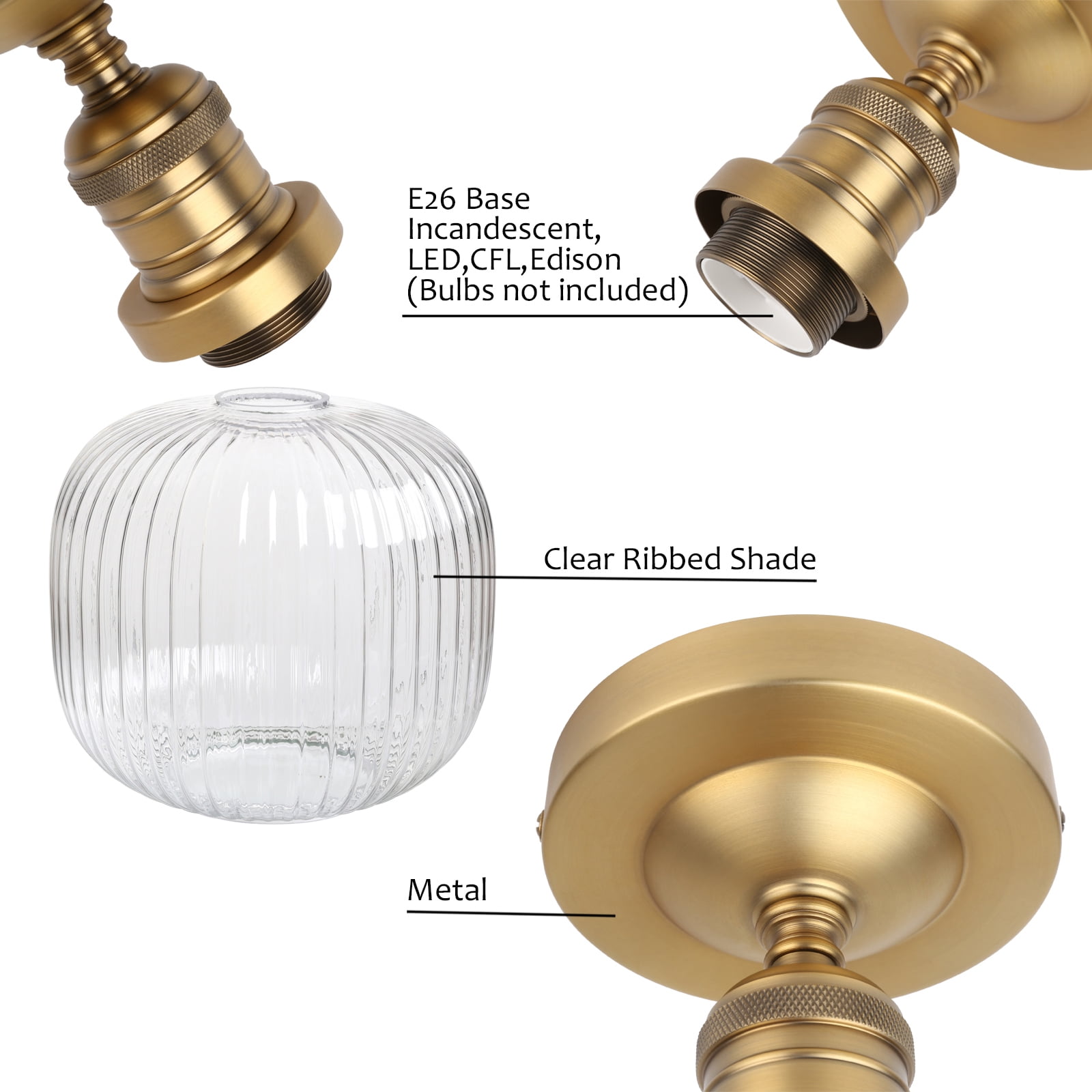 Pathson Industrial Semi Flush Mount Ceiling Light, Ribbed Clear Glass Lampshade Close to Ceiling Light for Living Room Dinning Room Kitchen Porch