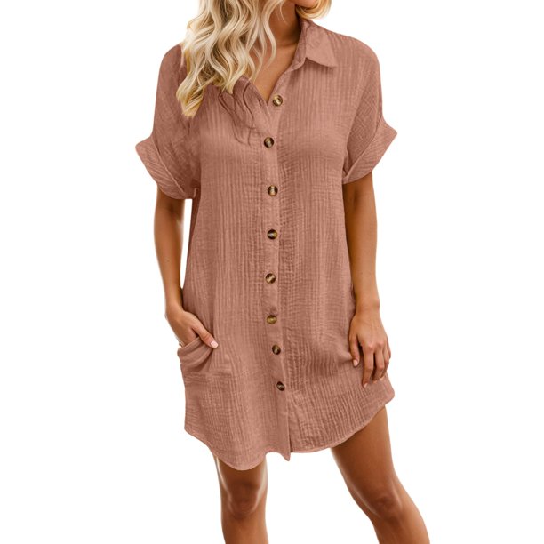 Vestido con cuello en V y botones para mujer - Con bolsillos, versátil, primavera/verano/otoño, poliéster, S-XXXL