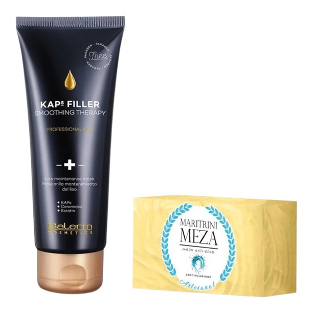 Mascarilla Kaps Filler (200ml) Para mantenimiento de Alaciados Marca Salerm + Jabon Artesanal Rejuvenecedor (100g) Marca MariTrini Meza