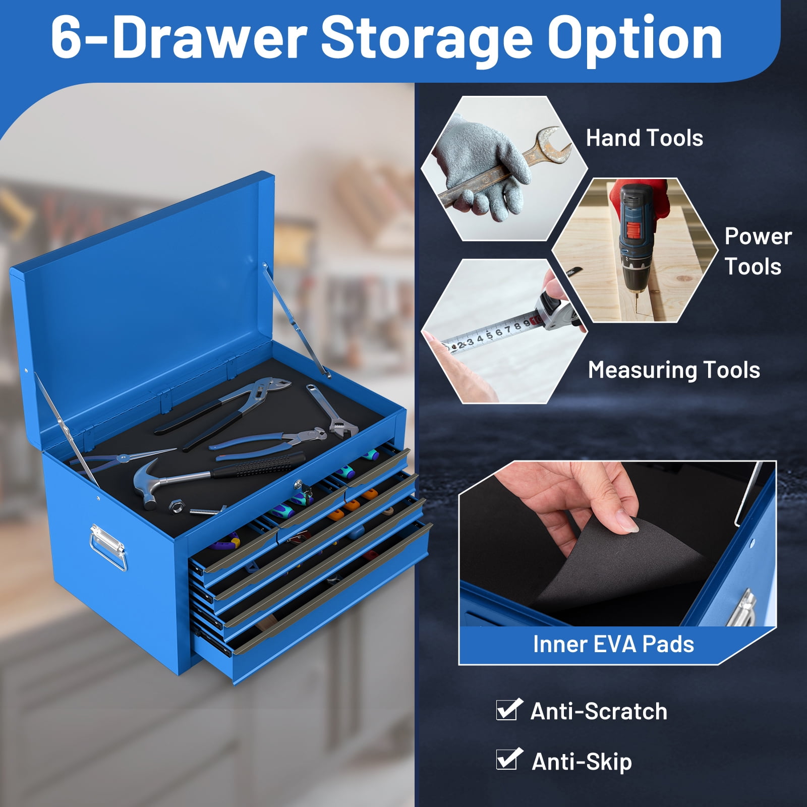 Gymax 24'' Tool Chest Case Steel Tool Box w/ 6 Drawers Top Storage Automatic Lock Blue