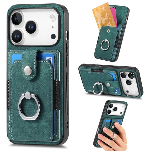 Sleektime Wallet Case For iPhone 17 Pro Max with Elastic Card Holder, Premium PU Leather Shockproof Protective Cover, 360° Rotating Finger Ring Kickstand, Slim Anti-Scratch Phone Case, Green