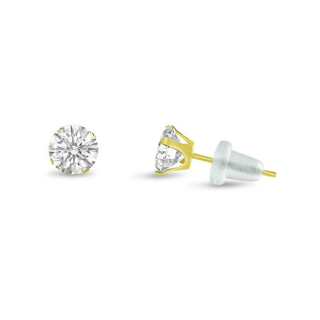 Round 2mm 10k Yellow Gold White CZ Stud Earrings, April Birthstone, (0.12