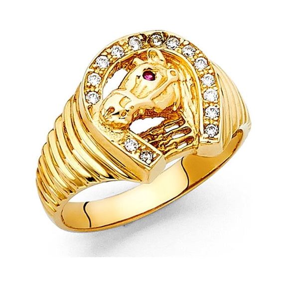 Horse Head Horseshoe Ring Solid 14k Yellow Gold Band Good Luck CZ Diamond Cut Style Mens Fancy, Size 10