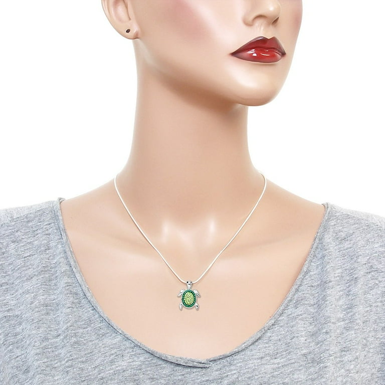 Green Turtle Pendant Necklace Rhinestone Crystal Rhodium High Polished J0186