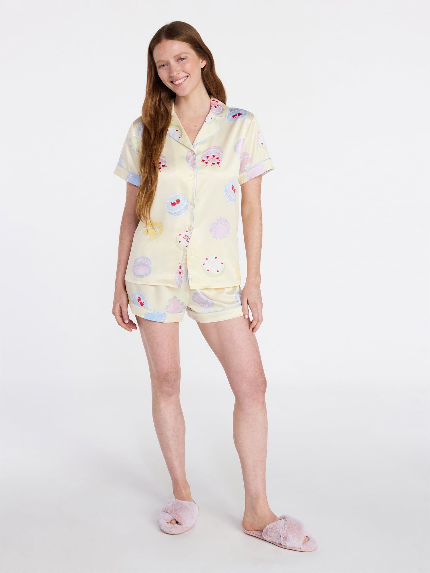 Joyspun Women’s Stretch Satin Short Sleeve Top and Shorts Pajama Set, Sizes XS-3X