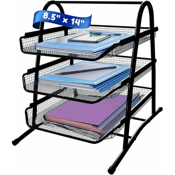 Performore 3-Tier Stackable Paper Tray Organizer for Desk - Black Metal File Rack for Legal-Size Paper (14"x8.5"), Document Holder & Desktop Storage for Office, Home, or School Organization