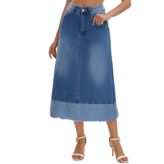 INSPIRE CHIC Women's Denim Maxi Skirt High Waist 2025 Spring A Line Panel Hem Long Jean Skirts M Blue