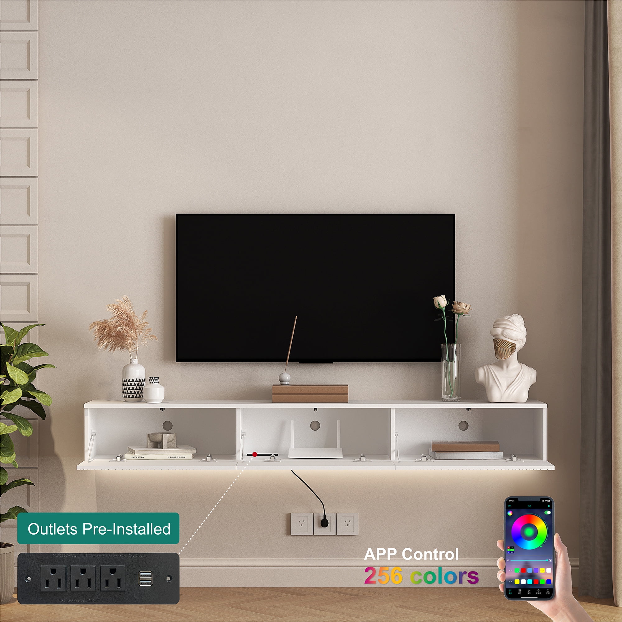 Yoneston 69" Wall Mounted Floating TV Stand wih LED for 55/60/65inch TV, Modern TV Stand with Drawer, High Gloss Entertainment Center for Living Room, White