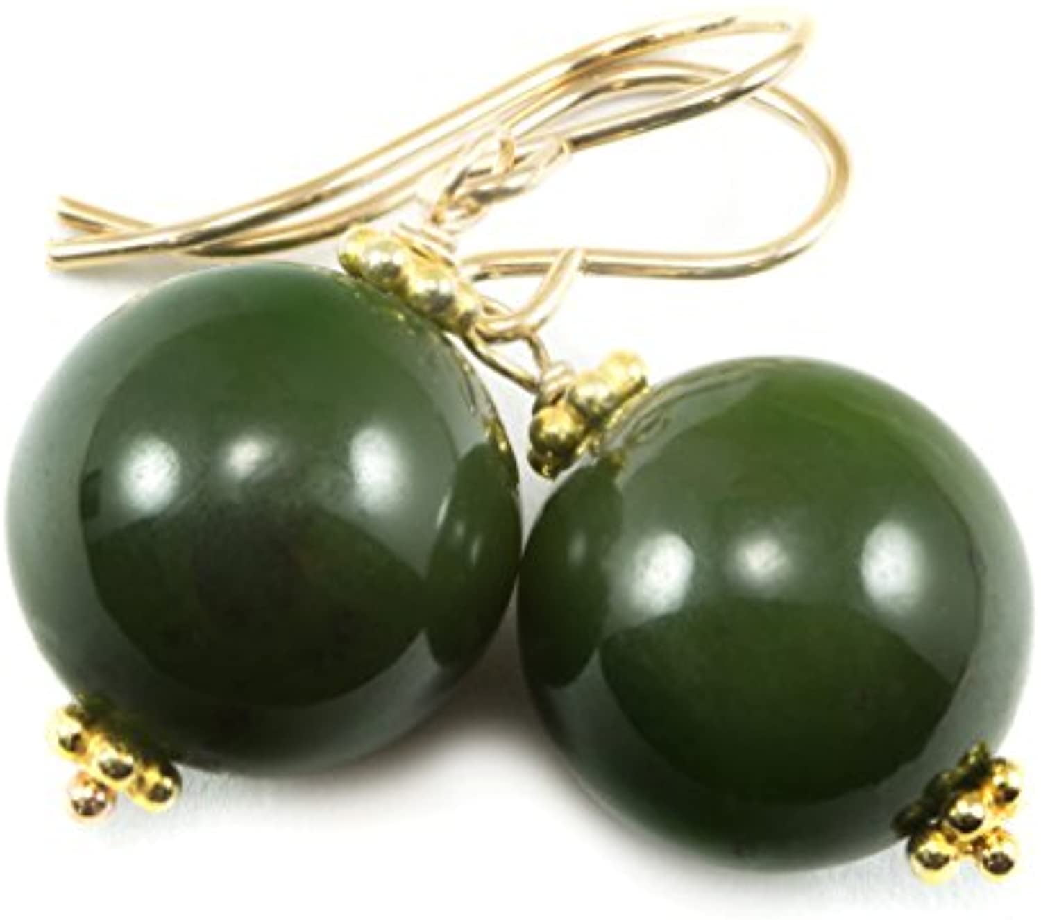 14k Yellow Gold Nephrite Green Jade Earrings Large Round Smooth Simple  Drops Goldtone Beaded Accents