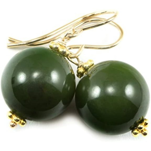 14k Gold Filled Nephrite Green Jade Earrings Large Round Smooth Simple Drops Goldtone Beaded Accents Designed for Adult Women