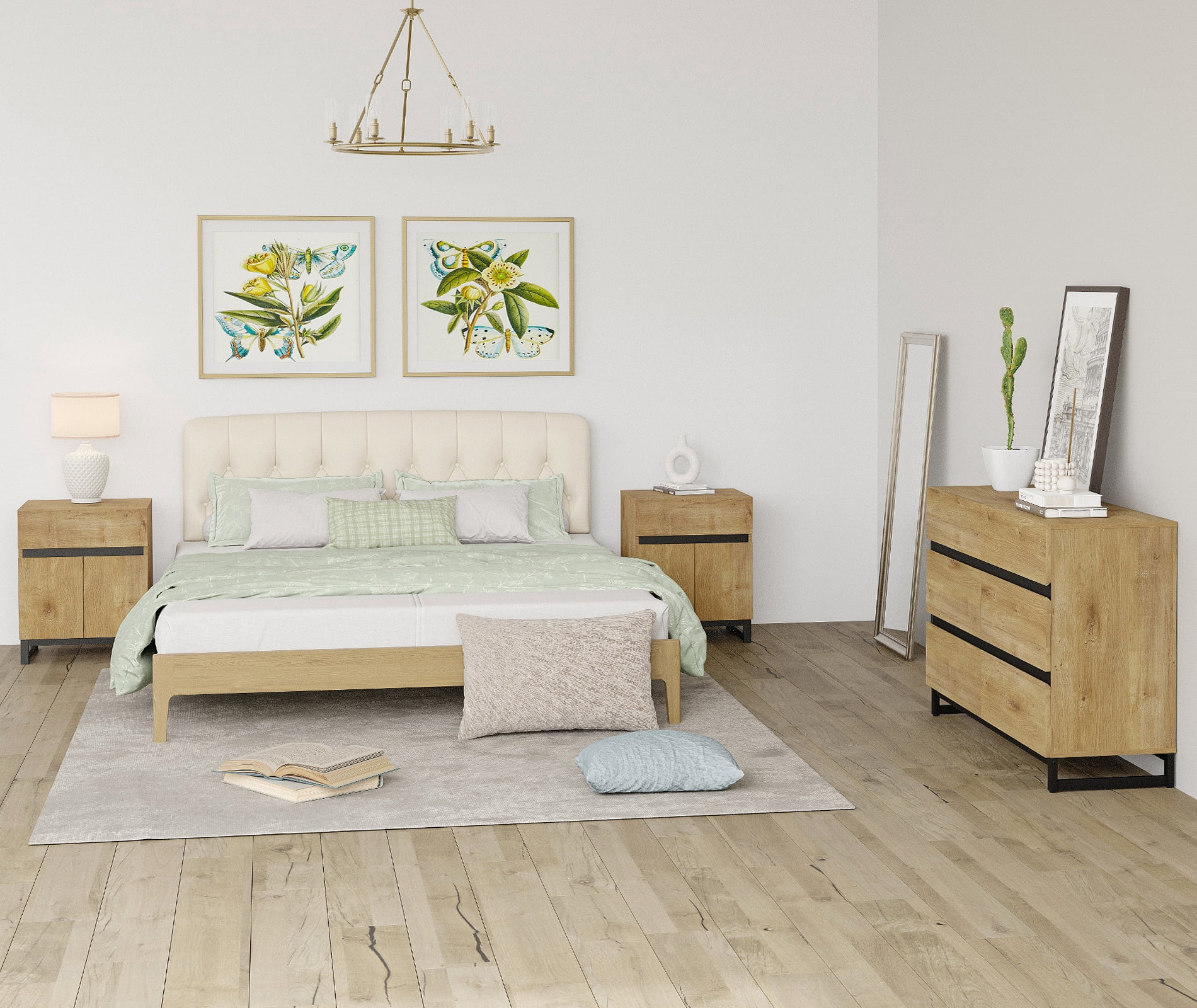 WAMPAT Modern 3-Piece Bedroom Furniture Set, 47 Inch Dresser with 6 Drawers & 2 Nightstands with Drawer and Cabinet Design, Oak