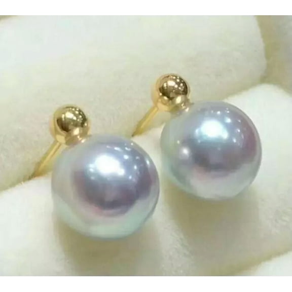 K-KED 1 pair of 7.5-8 mm round natural Akoya gray pearl earrings 18K yellow gold