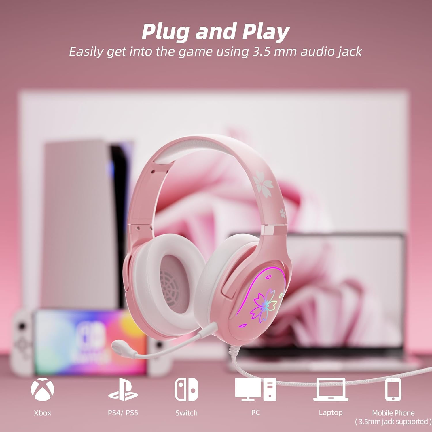 Cherry Blossom Stereo Gaming Headset for PS4/PS5/Xbox/PC/Mac/Switch, RGB Gradient Light Wired Gaming Headphones with Mic, Surround Sound Bass, Soft Memory Earmuffs for Kids & Girls/Women