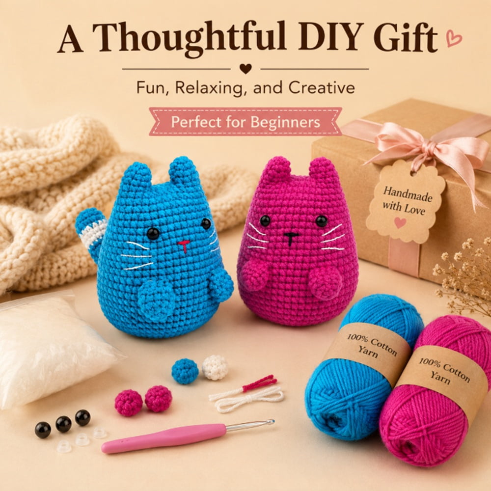 2 Pack Munchkin Cat Crochet Kit for Beginners, Cat Amigurumi Starter Set with Step by Step Video Tutorial, TIKA
