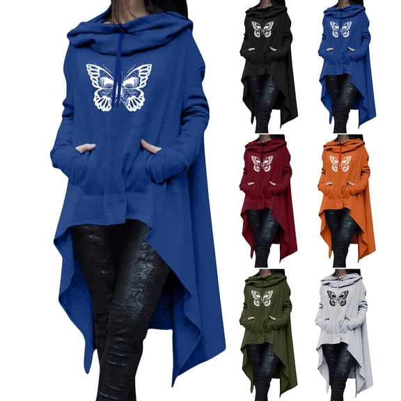 KHONTS Retro Long Hooded Sweatshirt for Women Graphic High Low Hem Gothic Hoodies Long Sleeve Oversized Pocket Tops XL