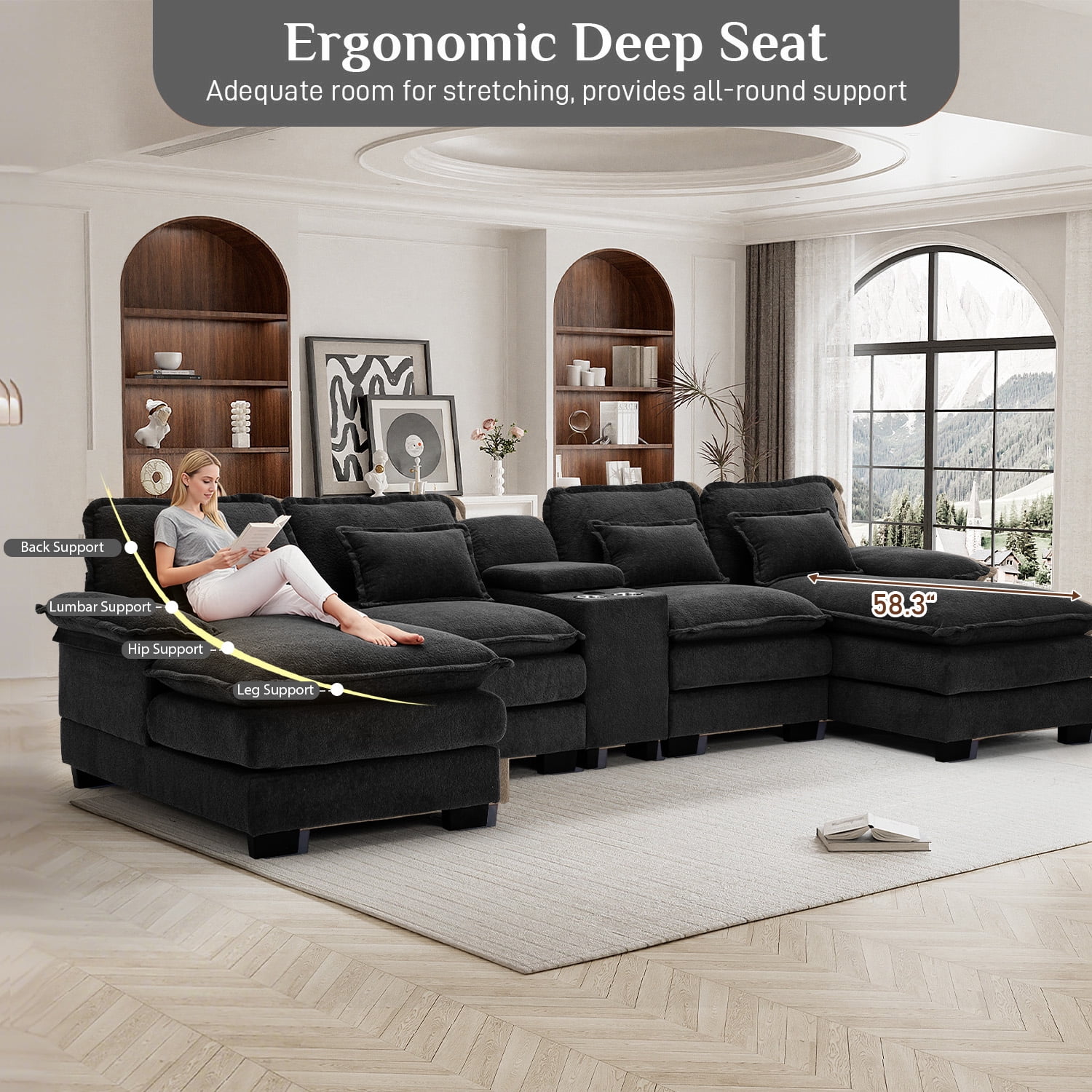 Wiilayok 133" U Shaped Cloud Couch Modular Sectional Couches for Living Room Fluffy Chenille Deep Seat Sofa Set w/ Double Chaise Lounge, Storage Central Console, Cup Holders, USB Port,Midnight Black