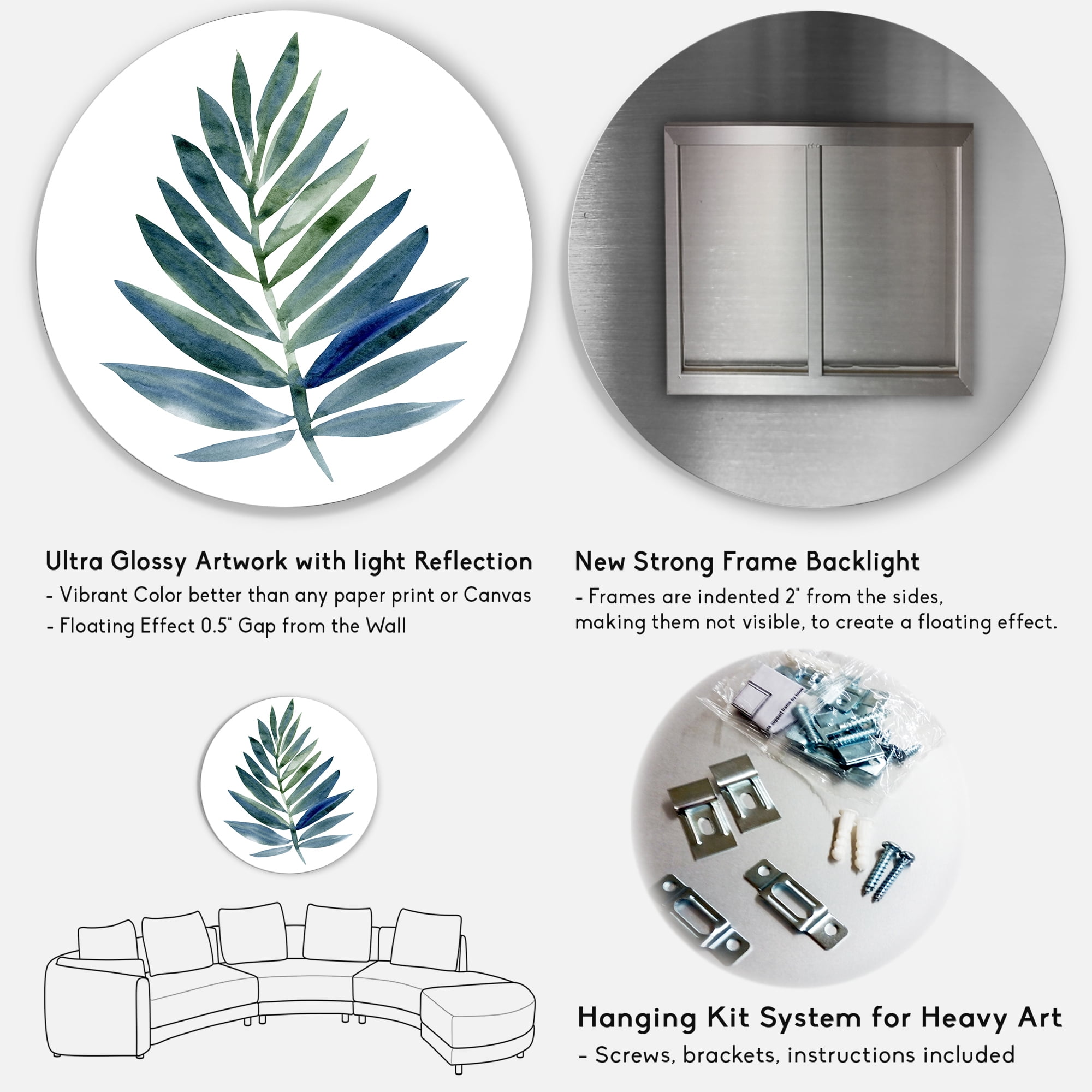 Designart 'Tropical Green Leaf On White' Farmhouse Circle Metal Wall Art 23x23 - Disc of 23
