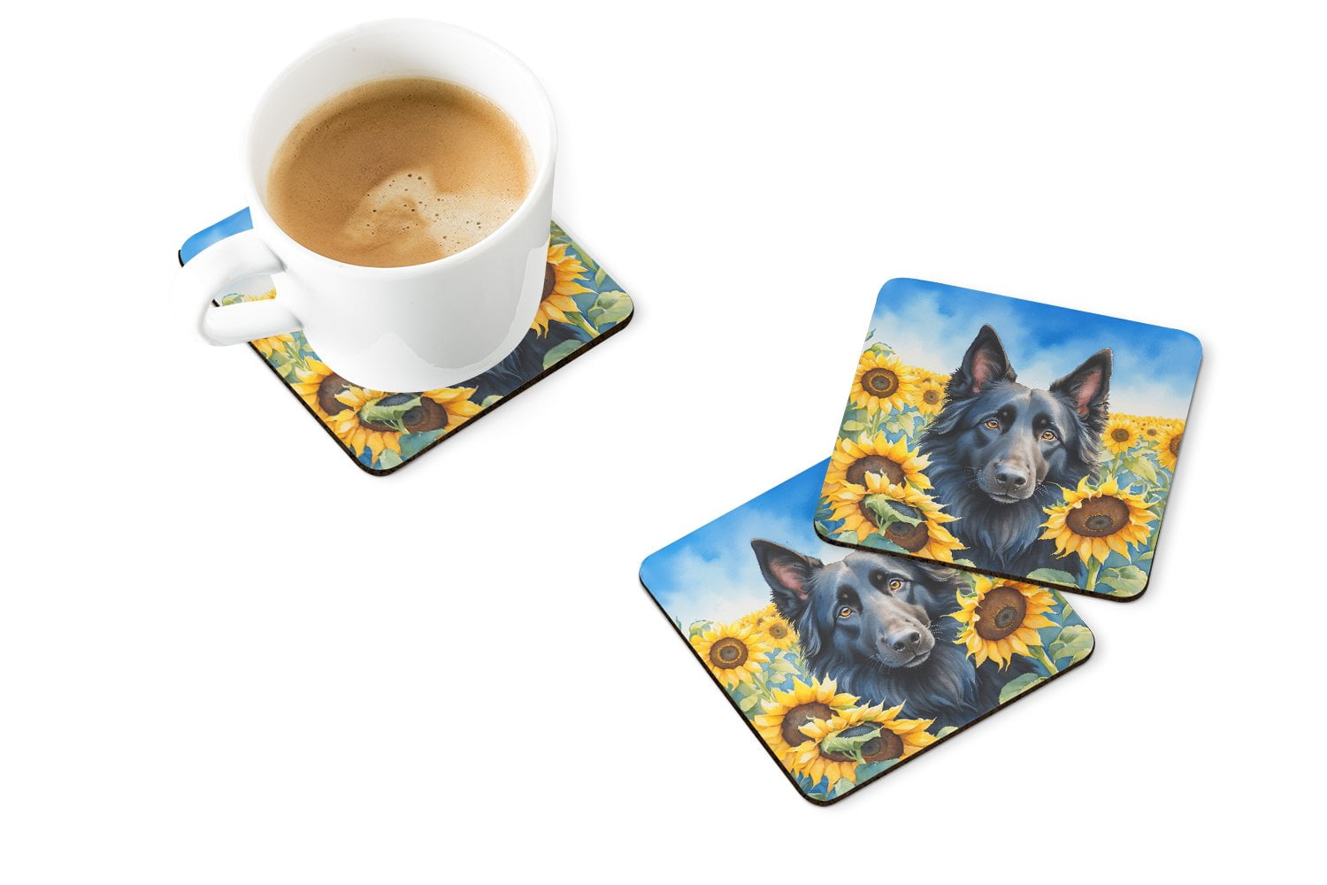 Belgian Sheepdog in Sunflowers Foam Coasters 3.5 in x 3.5 in