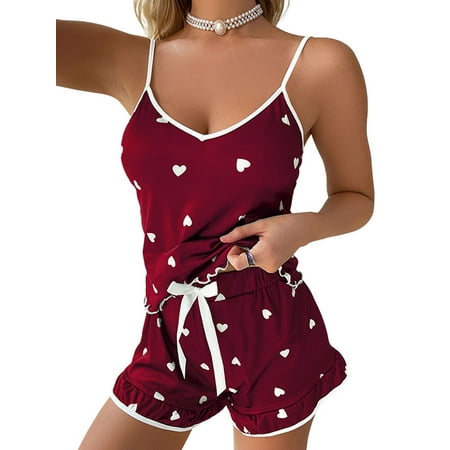 

Julycc Womens Heart Print Camisole Shorts 2pcs Sleepwear Loungewear Pajamas Set