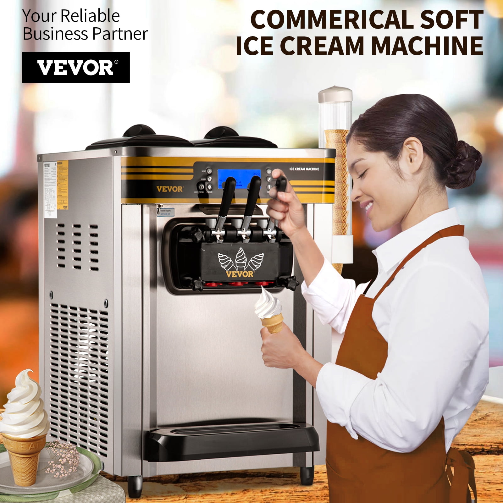 BENTISM Commercial Ice Cream Maker, 22-30L/H Yield, 2350W Countertop Soft Serve Machine w/ 2x6L Hopper 2L