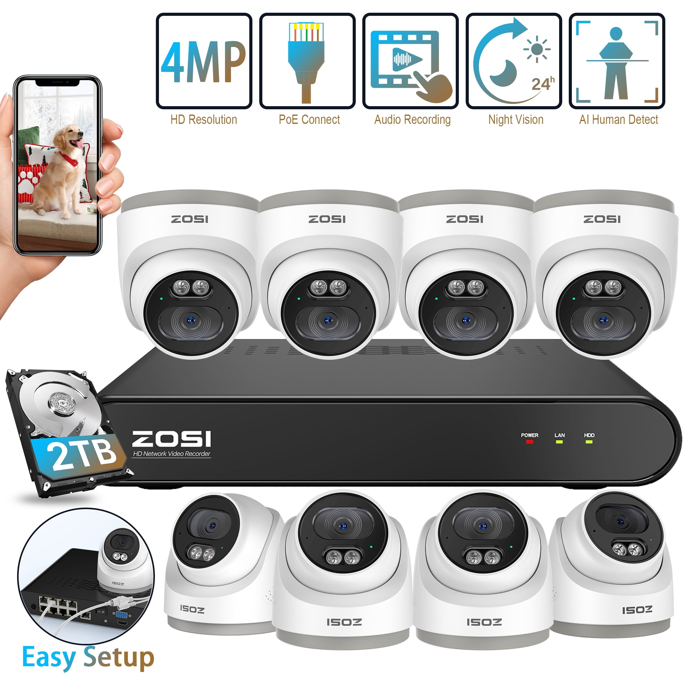 4MP Security Camera System 2TB Hard Drive, 8 pcs ZOSI PoE Security Camera Outdoor Indoor, Audio Recording, AI Human Detection