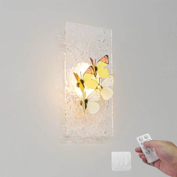 Kiven Battery Operated Wall Sconces with Remote Control,Yellow Butterfly Wall Sconce,1-Light Dimmable Wall Lighting for Living Room Bedroom Wall Decor