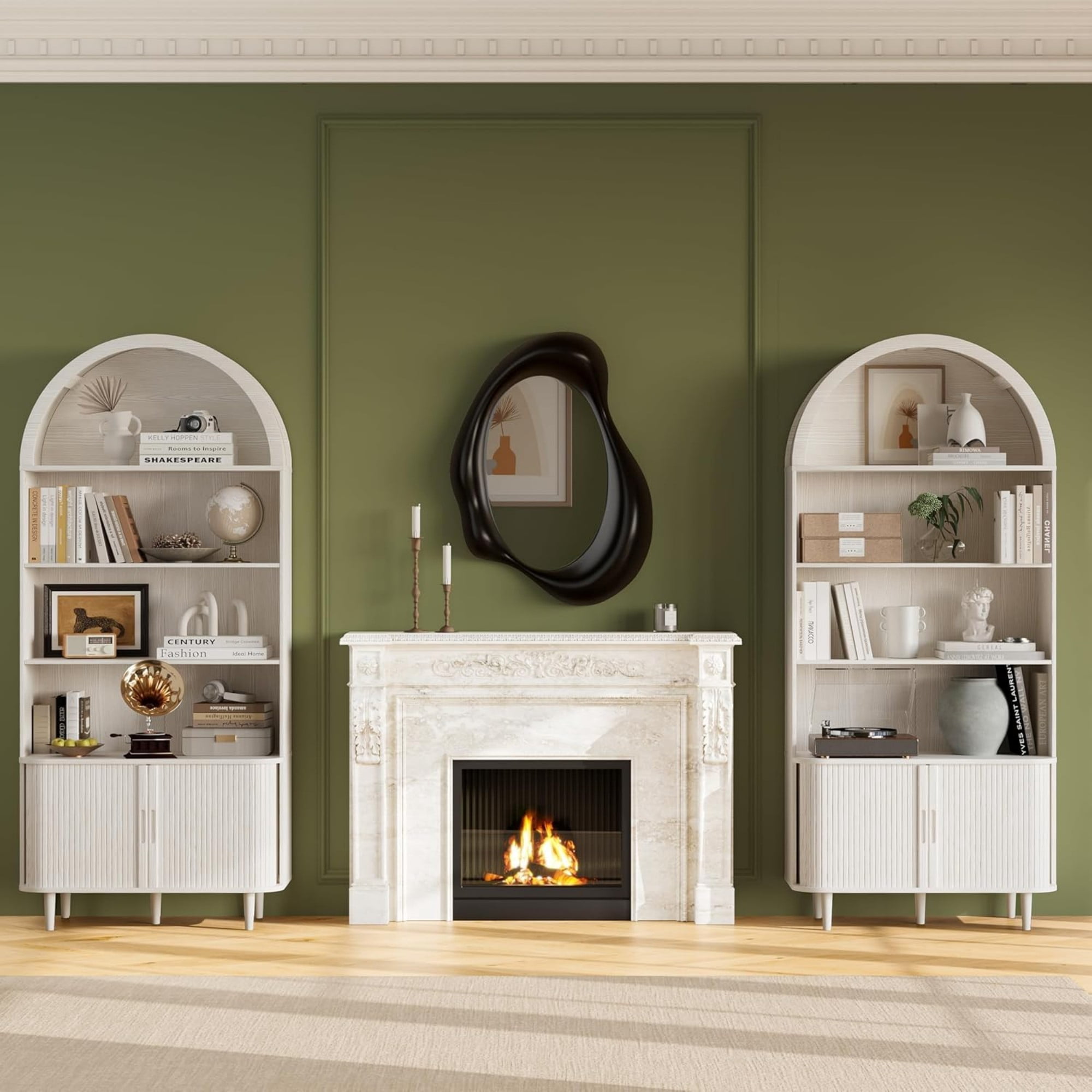 71" Tall Arched Bookshelf, 5 Tier Modern Farmhouse Bookcase with Sliding Doors & Adjustable Shelves, Wood Display Cabinet, White