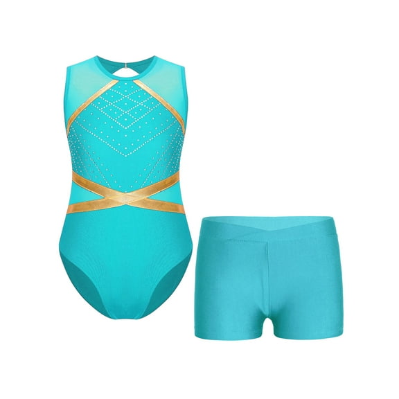 TTAO Gymnastics Leotard for Girls 2 Piece Outfits Gymnastics Bodysuit with Shorts Set Tank Unitard Blue Green 12