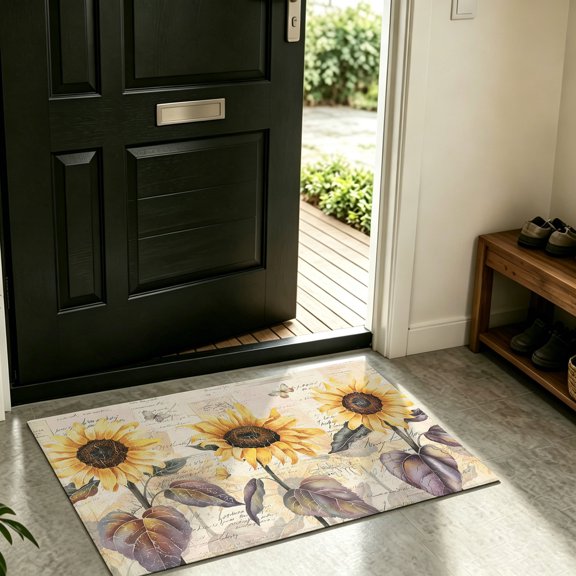 Front Door Mat Indoor Outdoor Farmhouse Retro Sunflower Non-Slip Doormat Low Profile Patio Porch Entryway Rug 16x24in Pastoral Plant Vintage Back
