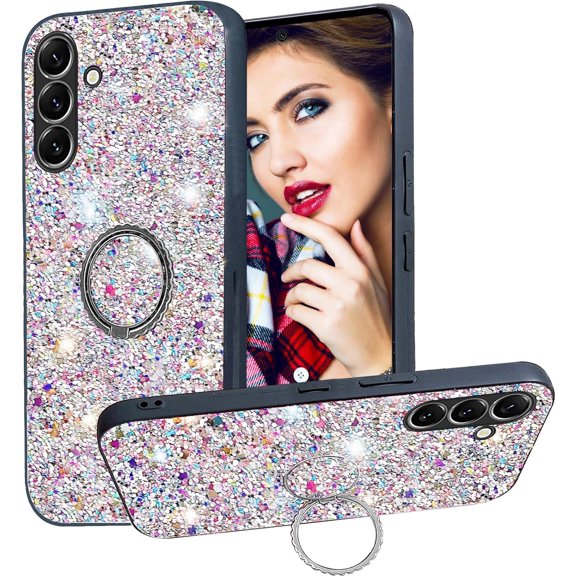 Case for Samsung Galaxy S24 FE with Ring Kickstand, Women Girls Cute Glitter Sparkly Shiny Bling Sparkle Shockproof Protective Cover Case for Samsung Galaxy S24 FE CZ-Silver