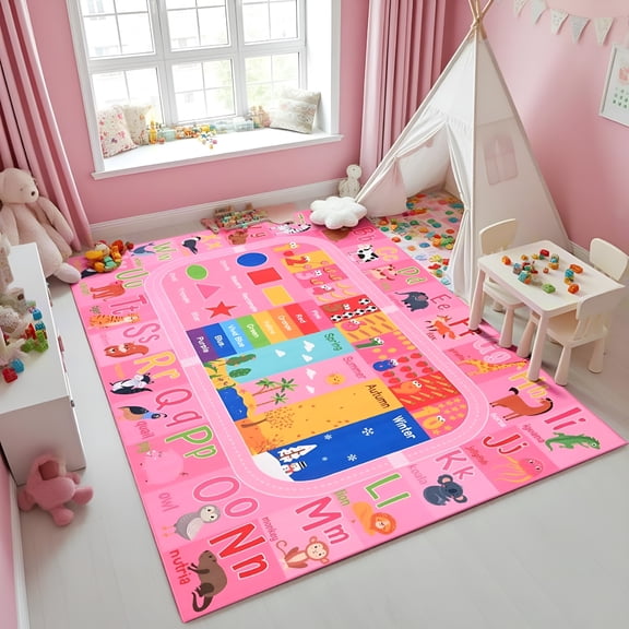 RLESO Pink Kids Rug for Playroom Classroom,Abc Alphabet Numbers Play Toddlers Rugs,Learning Educational Bedroom Floor Mat,Washable Baby Carpet for Girls Room,Nursery,Preschool-1X2Ft