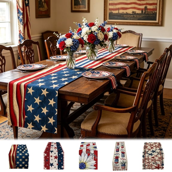 Memorial Day Saving!4th of July Decorations, Independence Day Table Flag Red White Blue Star Striped Floral Print Dining Table Decoration