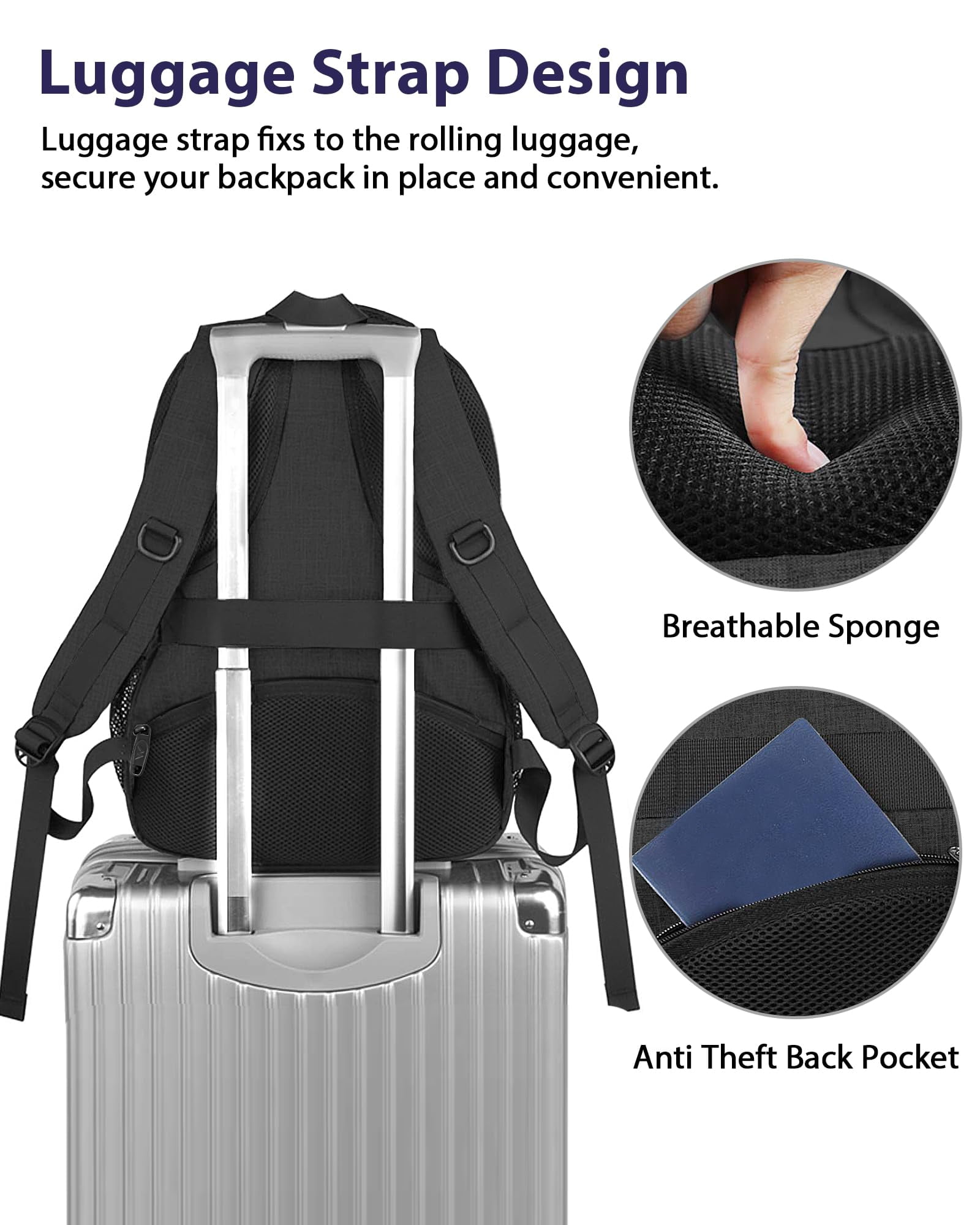 Matein Travel Backpacks for Men Women, TSA Approved Carry on Work Backpack with Trolley Sleeve and Anti Theft Pocket, 30L Capacity, Black