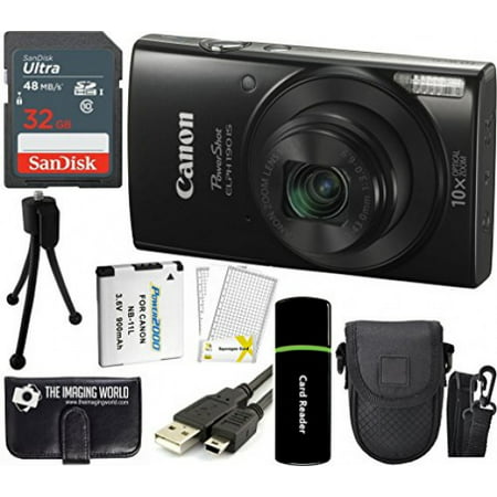 Canon PowerShot ELPH 190 IS 20.2MP 10x Zoom Wi-Fi Digital Camera (Black) + SanDisk 32GB Card + Reader + Spare Battery + Case + Accessory