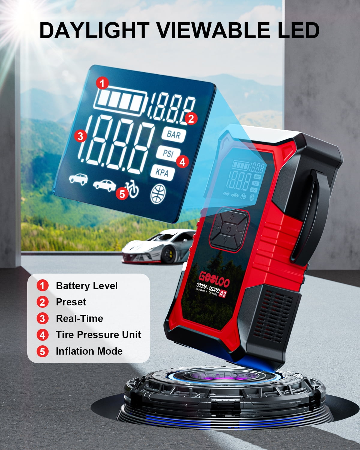 Gooloo Jump Starter with Air Compressor, 3000A Portable Car Battery Jump Starter (9.0L Gas/6.5L Diesel) with 150PSI Digital Tire Inflator, 12V Car Battery Charger Booster with LED Light