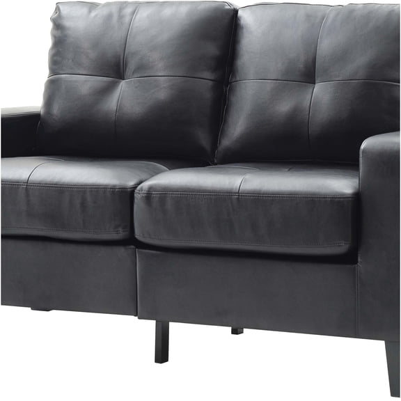 JERFIT Modern Loveseat Sofa for Small Spaces, Black Faux Leather Compact Couch with Storage Ottoman