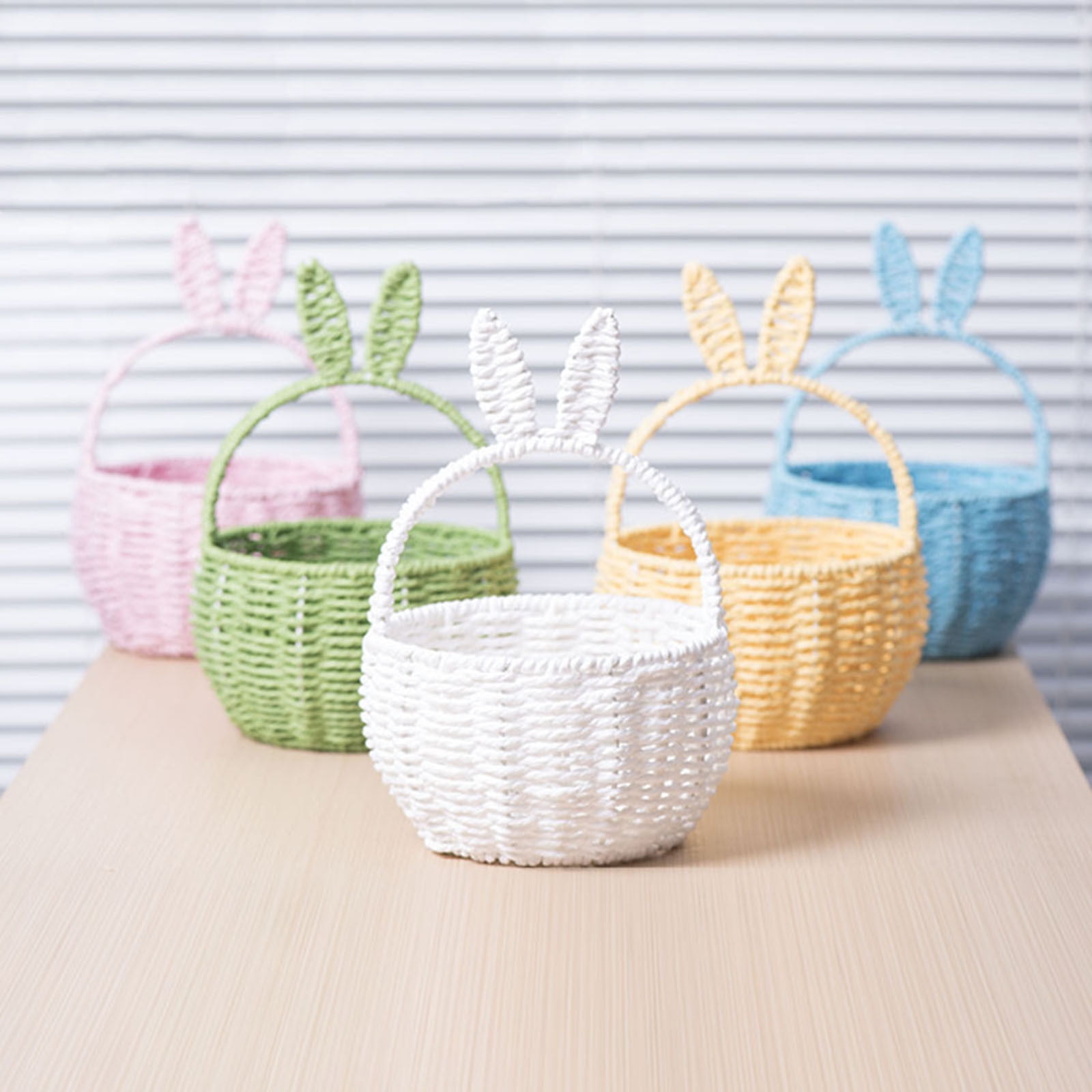 Handmade Easter Basket with Handle, Bunny Rattan Woven Basket, Rabbit Ear Straw Wicker Easter Egg Candy Basket for Easter Egg Hunting, Picnics, And Storage, Easter Gift Easter Baskets for