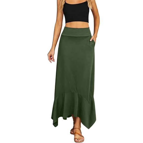 ZHOGXU Elegant Midi Skirts For Womens Solid Color High Waist Flared Ruffle Hem New Clothes 2026