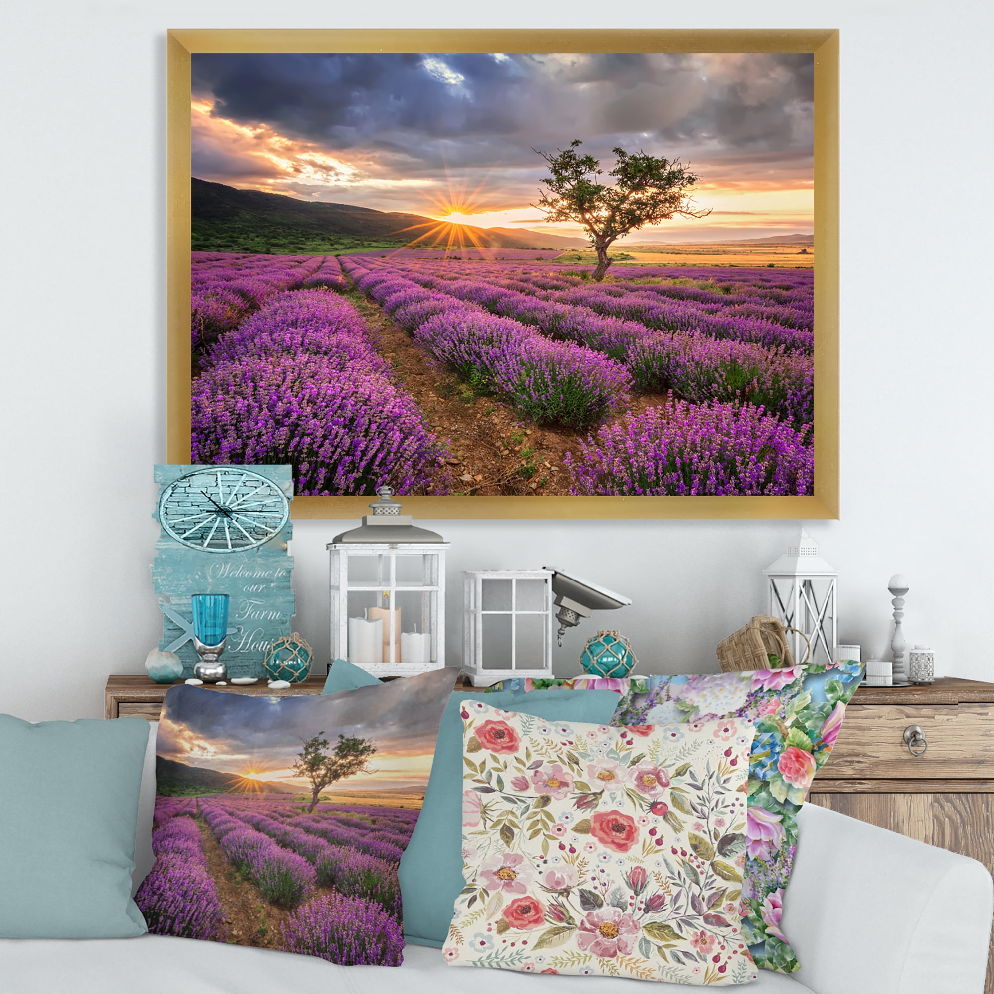 Designart 'Dramatic Clouds and Sunrise Over Lavender Field VIII' Farmhouse Framed Art Print