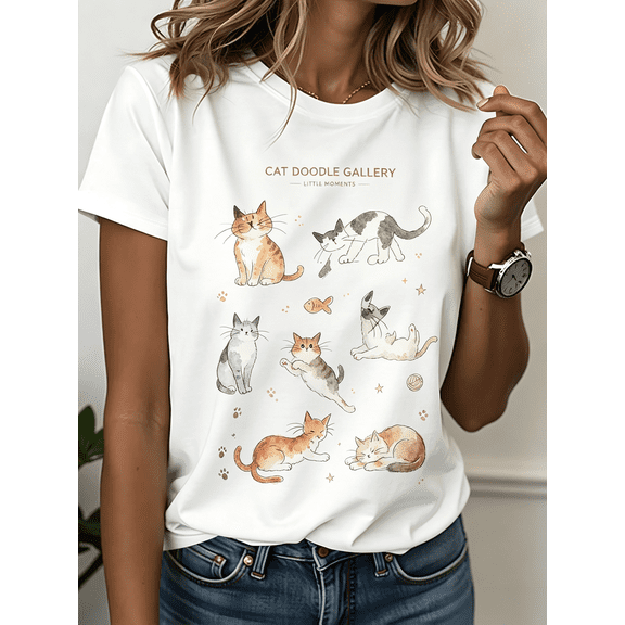 Women Cat Doodle Gallery Watercolor Graphic T-Shirt, Cute Multi Kitten Sketch Print Crew Neck Short Sleeve Casual Daily Tee