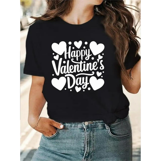 180G Valentine'S Day Heart Pattern Women'S Comfortable Knitted T-shirt-Soft Casual Crew Neck Top, Machine Washable
