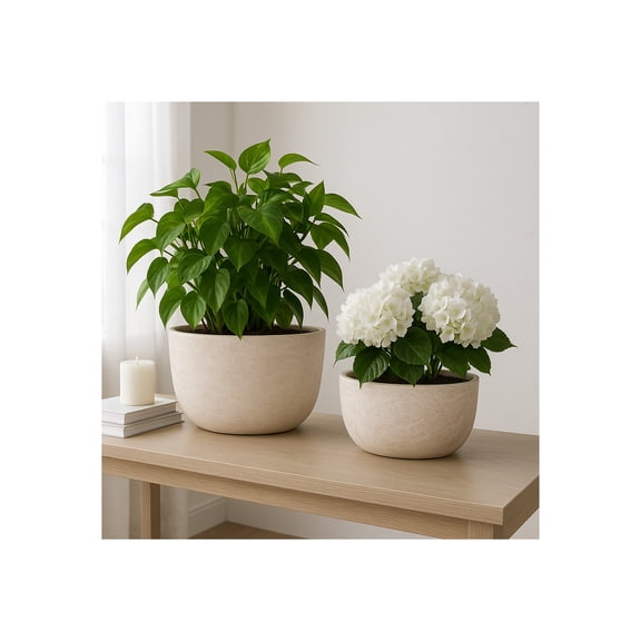 Oblong Flower Pots for Home Decor - Texture Resin Planters for Indoor and Outdoor Plants - Plant Pots for Garden Spaces, Entryway and Mantel Styling - Set of 2, 12", 10", Ivory
