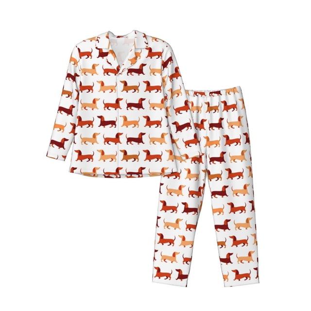 Fotbe Dachshund Walking Pijama de Hombre con Estampado de Manga Larga, Conjunto de 2 Piezas, Ropa de Dormir Suave y Cómoda con Bolsillos-X-Large