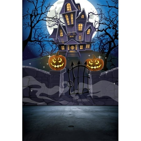 hellodecor polyster 5x7ft backdrop photography background happy halloween cozy haunted house stone wall gate moon night