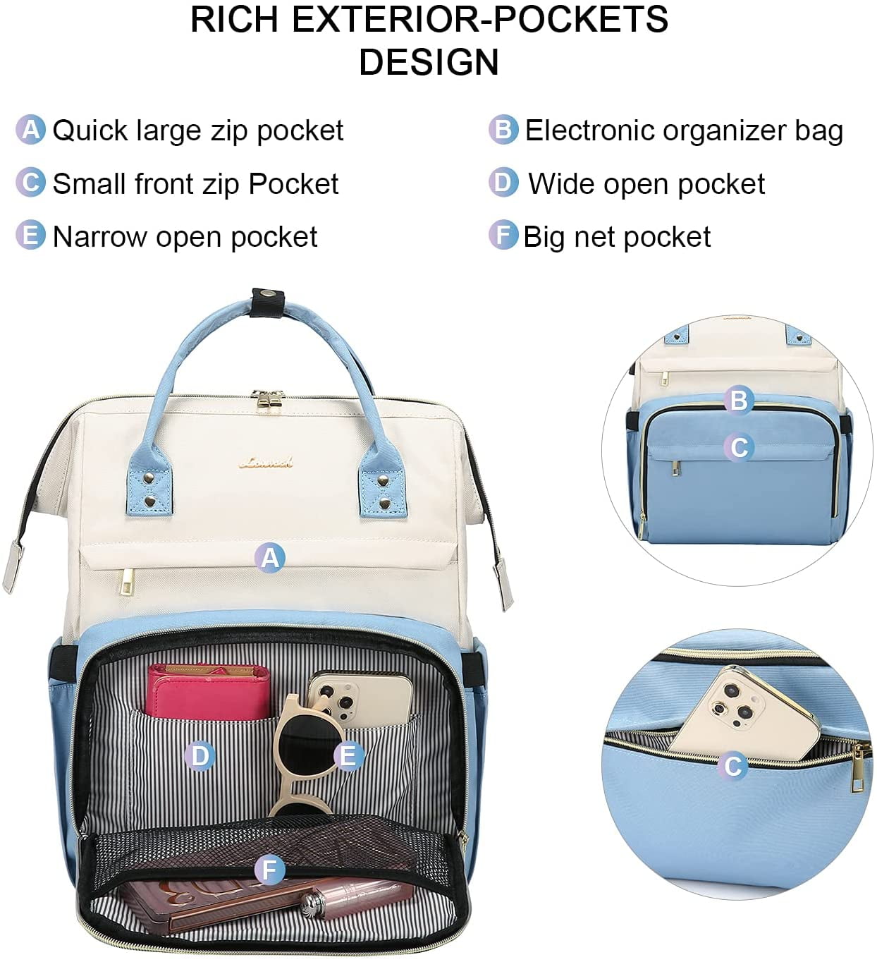 Lovevook Laptop Bag 15.6", Women Work Computer Bag Teacher Nurse Backpack Purse with USB, Waterproof Travel Backpack College Bookbag- Beige+Light Blue