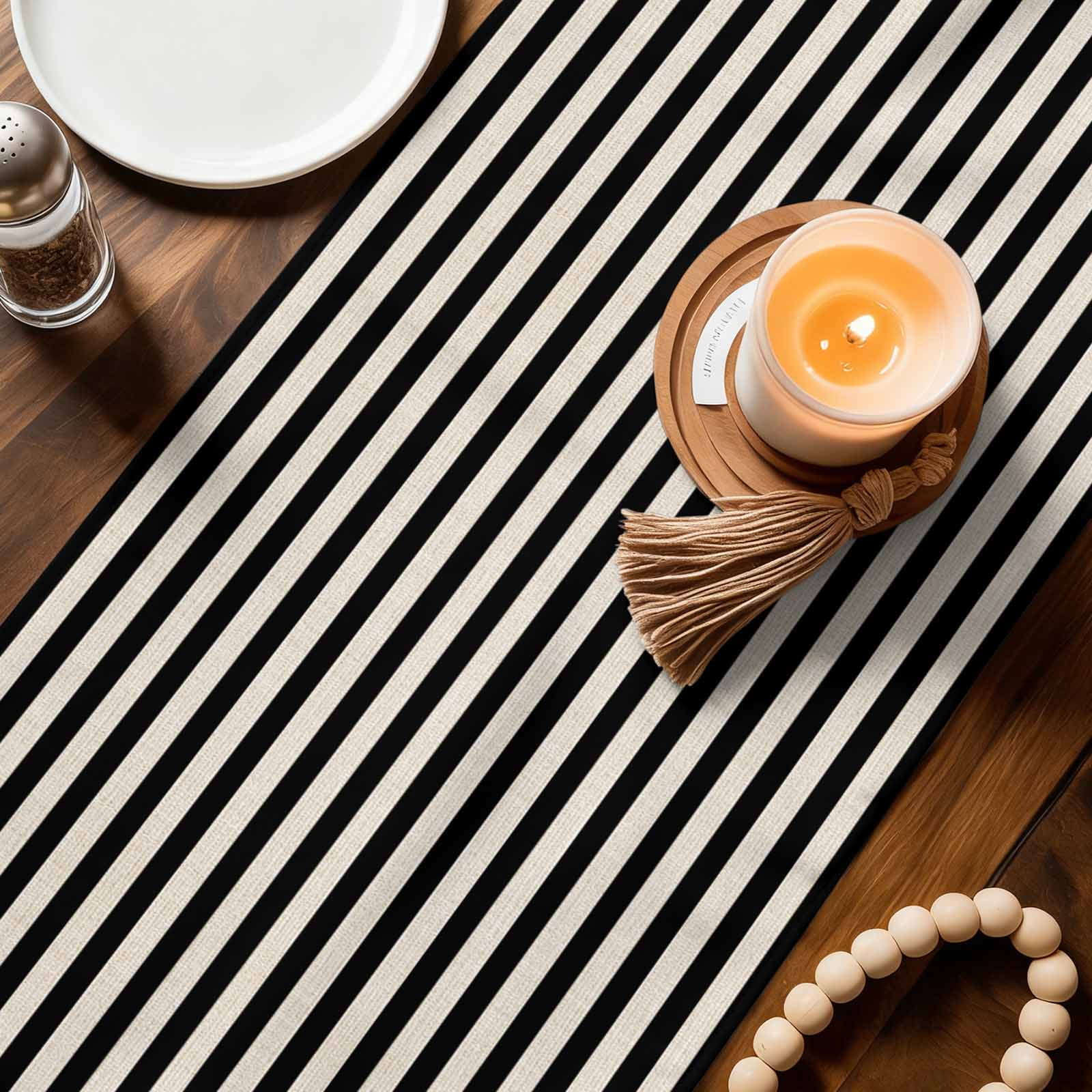 Black Striped Table Runner Linen Burlap Table Runner 90 Inches Long Modern Simple Farmhouse Beige Vintage Dresser Scarves for Kitchen Island Coffee Dining Room Party Wedding Holiday Decor 13"x90"